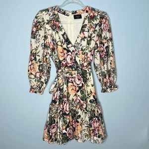 Vici Floral Ruffle Belted Mini Dress Puff Sleeves Size S